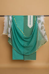 Green Block Printed Cotton Suit with Kota Doriya Dupatta