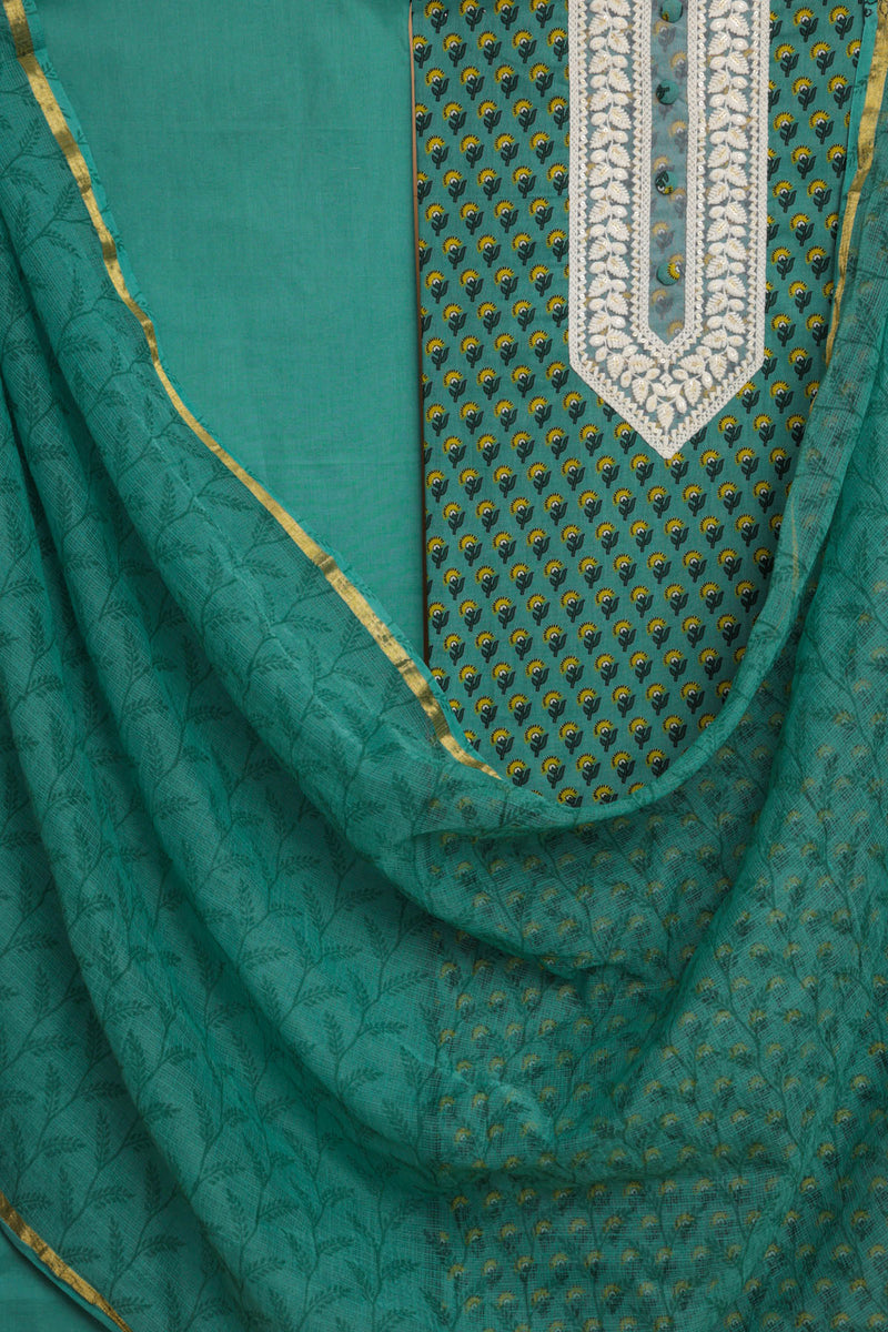 Green Block Printed Cotton Suit with Kota Doriya Dupatta