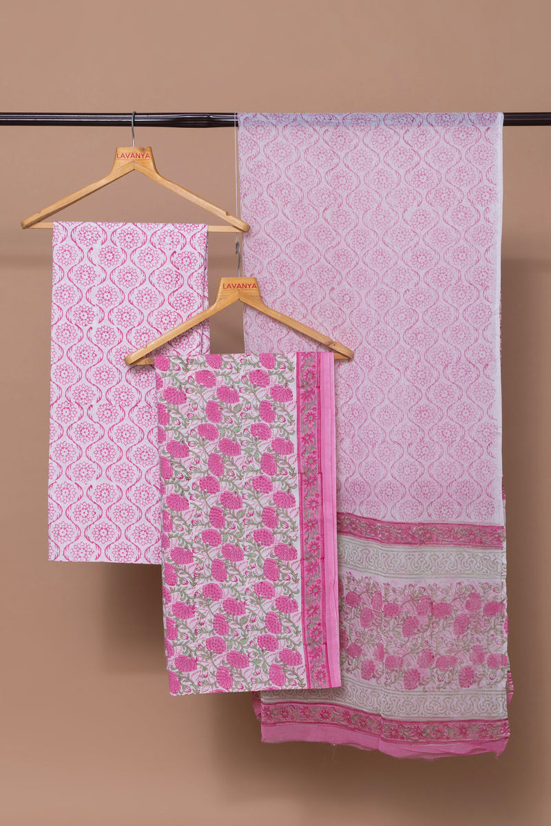 Pink Block Printed Suit with Chiffon Dupatta