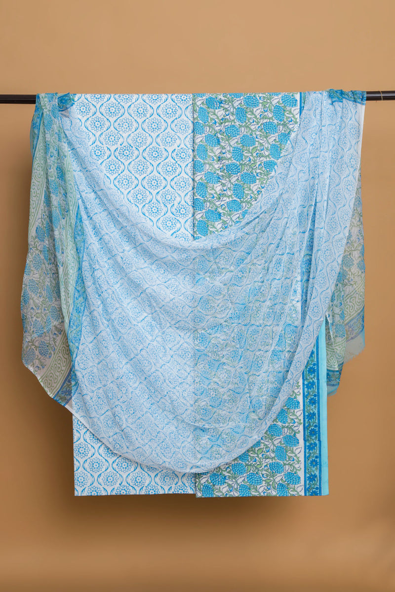 Blue Block Printed Suit with Chiffon Dupatta