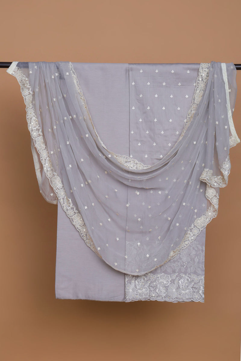 Grey Glace Cotton Embroidered Suit with Embroidered Chiffon Dupatta	"Cotton Embroidered"