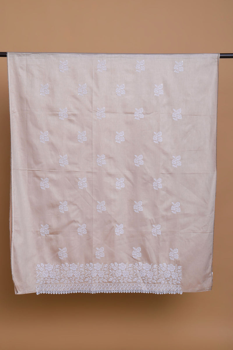 Beige Glace Cotton Embroidered Suit with Embroidered Chiffon Dupatta