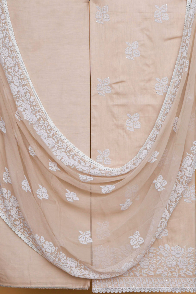 Beige Glace Cotton Embroidered Suit with Embroidered Chiffon Dupatta