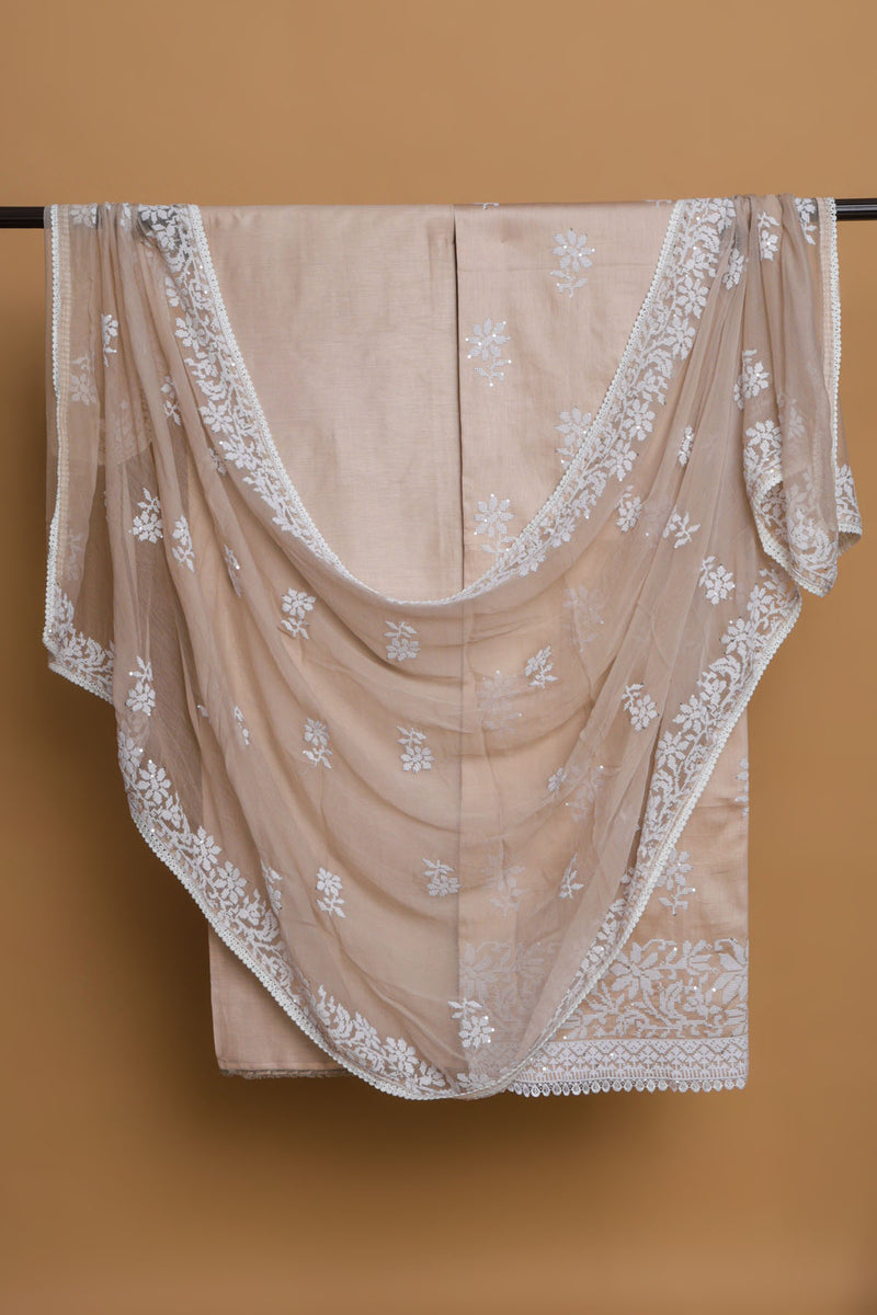 Beige Glace Cotton Embroidered Suit with Embroidered Chiffon Dupatta