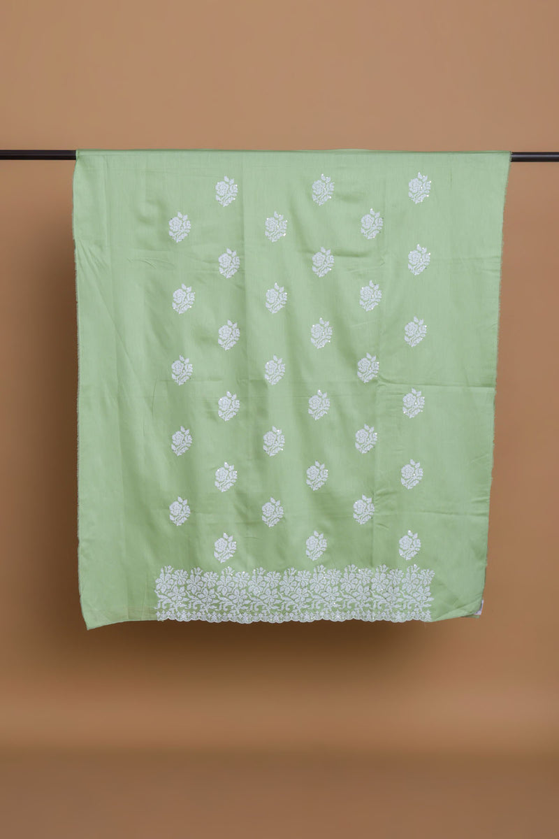 Green Glace Cotton Embroidered Suit with Embroidered Chiffon Dupatta