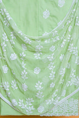 Green Glace Cotton Embroidered Suit with Embroidered Chiffon Dupatta