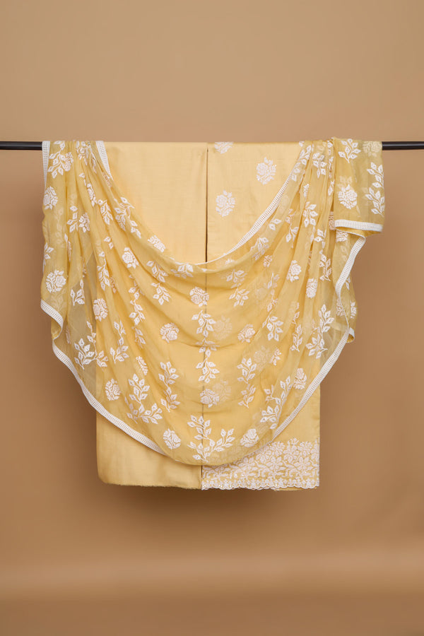 Lemon Glace Cotton Embroidered Suit with Embroidered Chiffon Dupatta