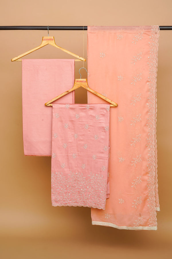 Peach Glace Cotton Embroidered Suit with Embroidered Chiffon Dupatta