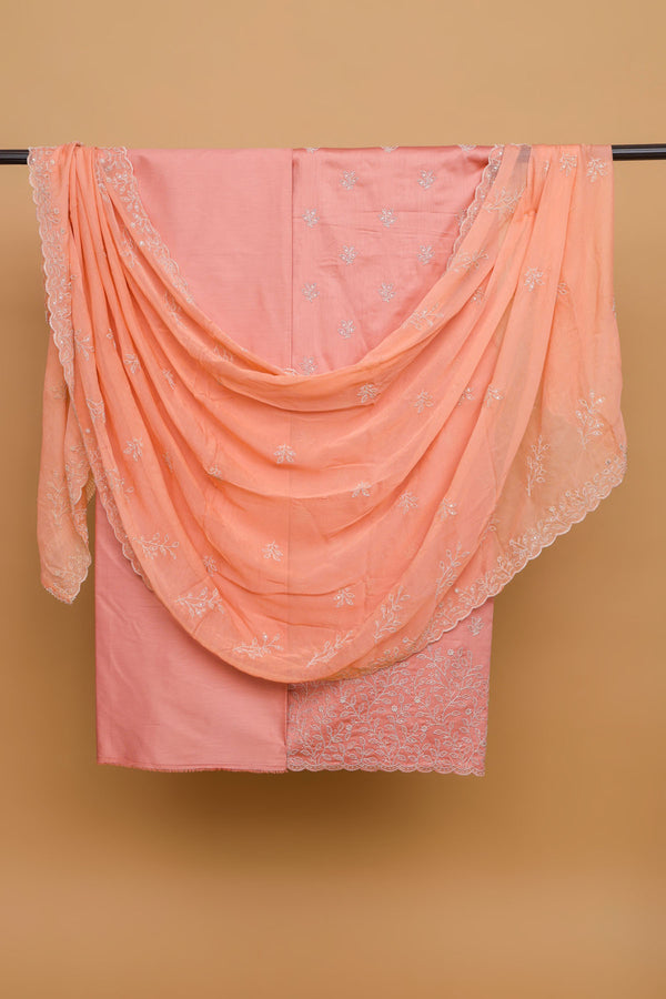 Peach Glace Cotton Embroidered Suit with Embroidered Chiffon Dupatta