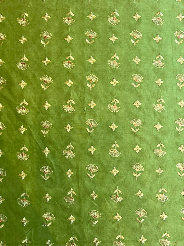 Parrot Green Chanderi Embroidered Fabric