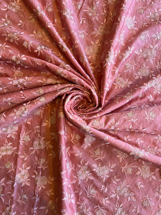 Peach Maheshwari Silk Embroidered Fabric