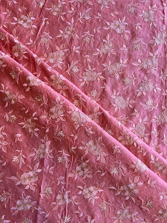 Peach Maheshwari Silk Embroidered Fabric