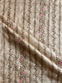 Beige Multi Colour Embroidered Silk Chanderi Fabric