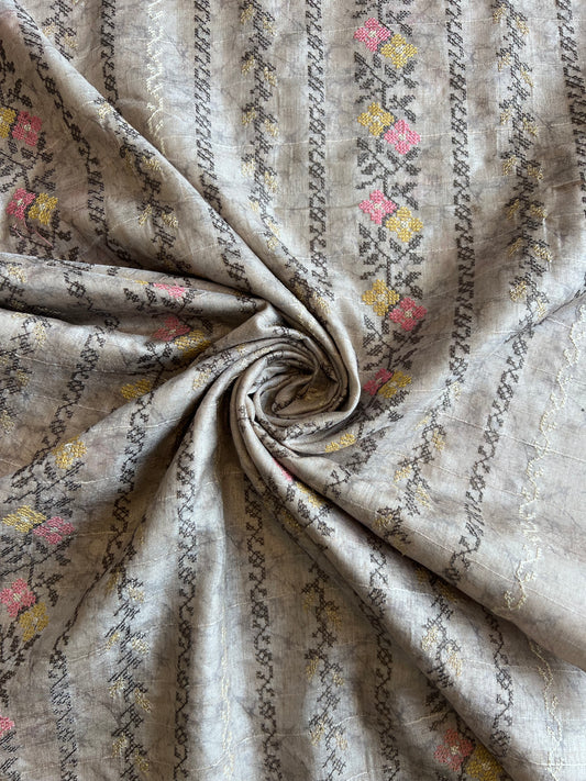 Grey Multi Colour Embroidered Silk Chanderi Fabric
