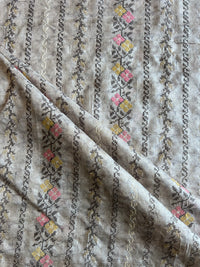 Grey Multi Colour Embroidered Silk Chanderi Fabric