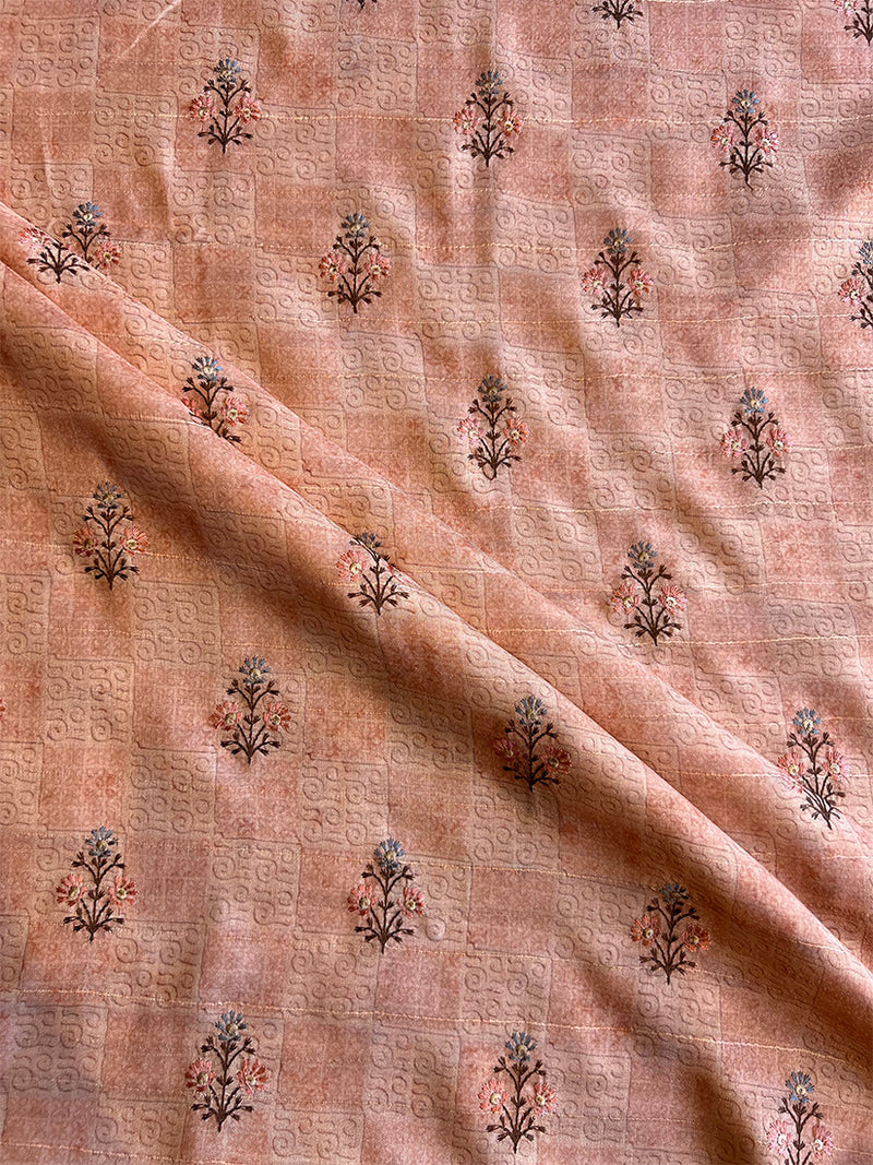 Peach Self Print with Embroidered Buti Khaadi Chanderi Fabric