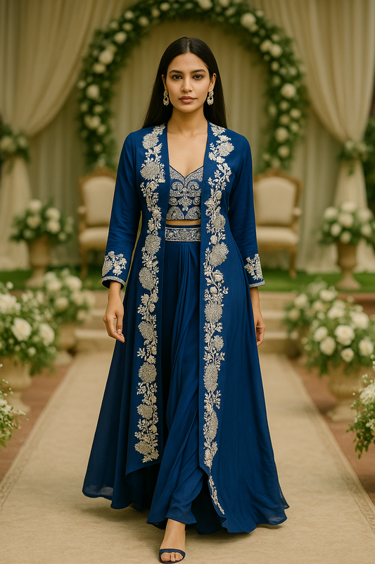 Ink Blue Pleated Skirt with Hand Work Crop Top and Jacket