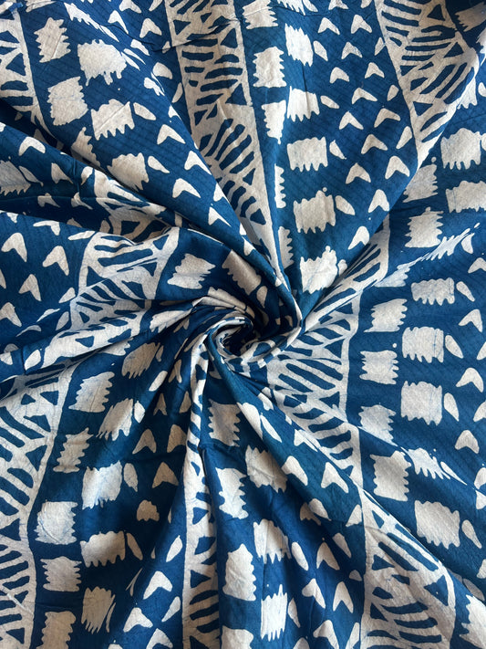 Royal Blue Geometrical Printed Self Weaved Cotton Fabric