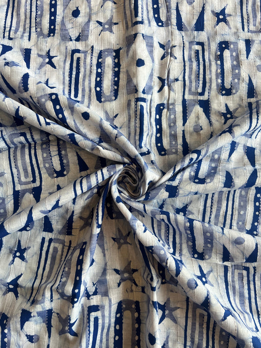 Blue Geometrical Printed Self Weaved Cotton Fabric