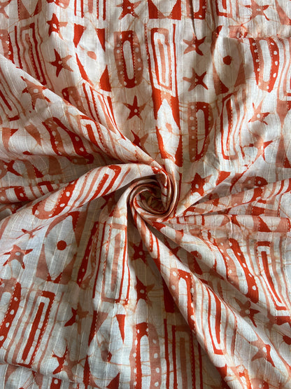 Orange Geometrical Printed Self Weaved Cotton Fabric