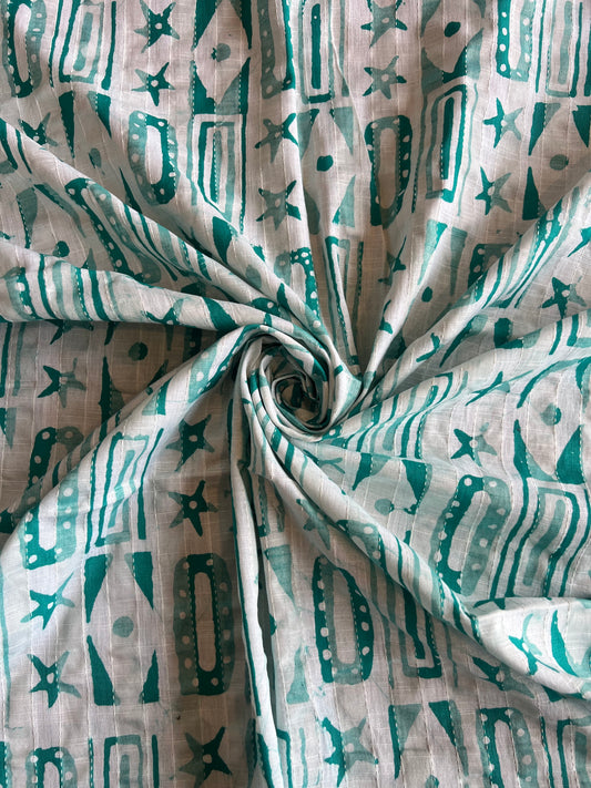 Rama Blue Geometrical Printed Self Weaved Cotton Fabric