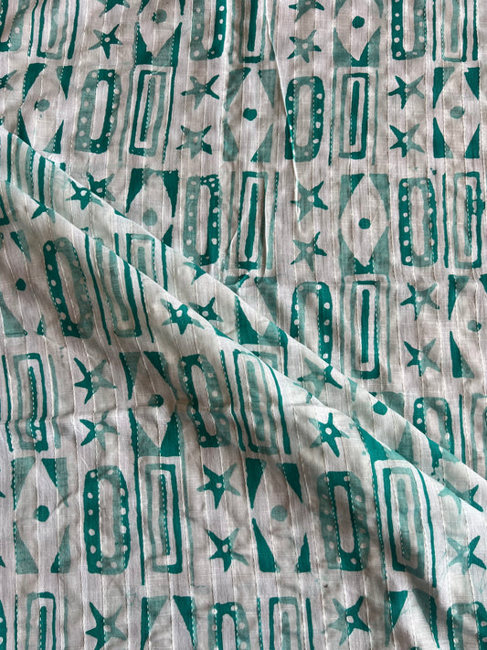 Rama Blue Geometrical Printed Self Weaved Cotton Fabric