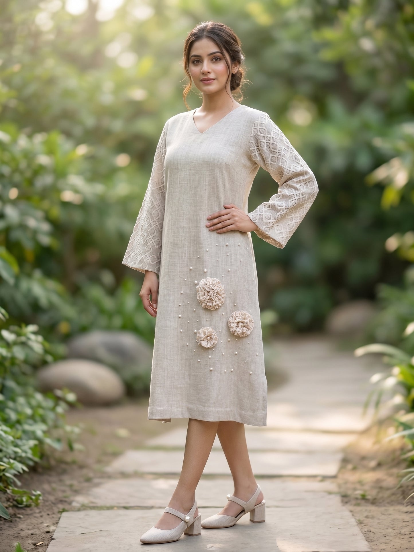 Beige Linen Dress with Applique Work