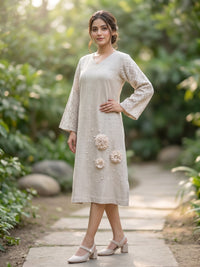 Beige Linen Dress with Applique Work