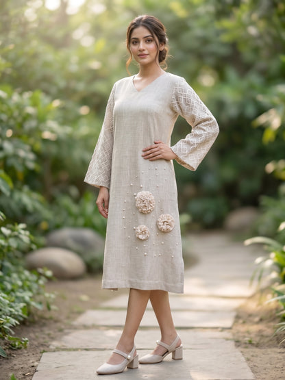 Beige Linen Dress with Applique Work