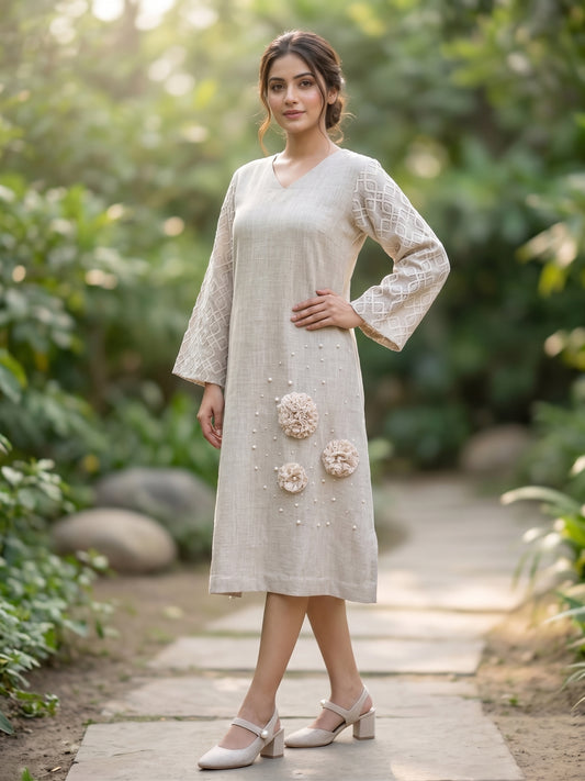 Beige Linen Dress with Applique Work