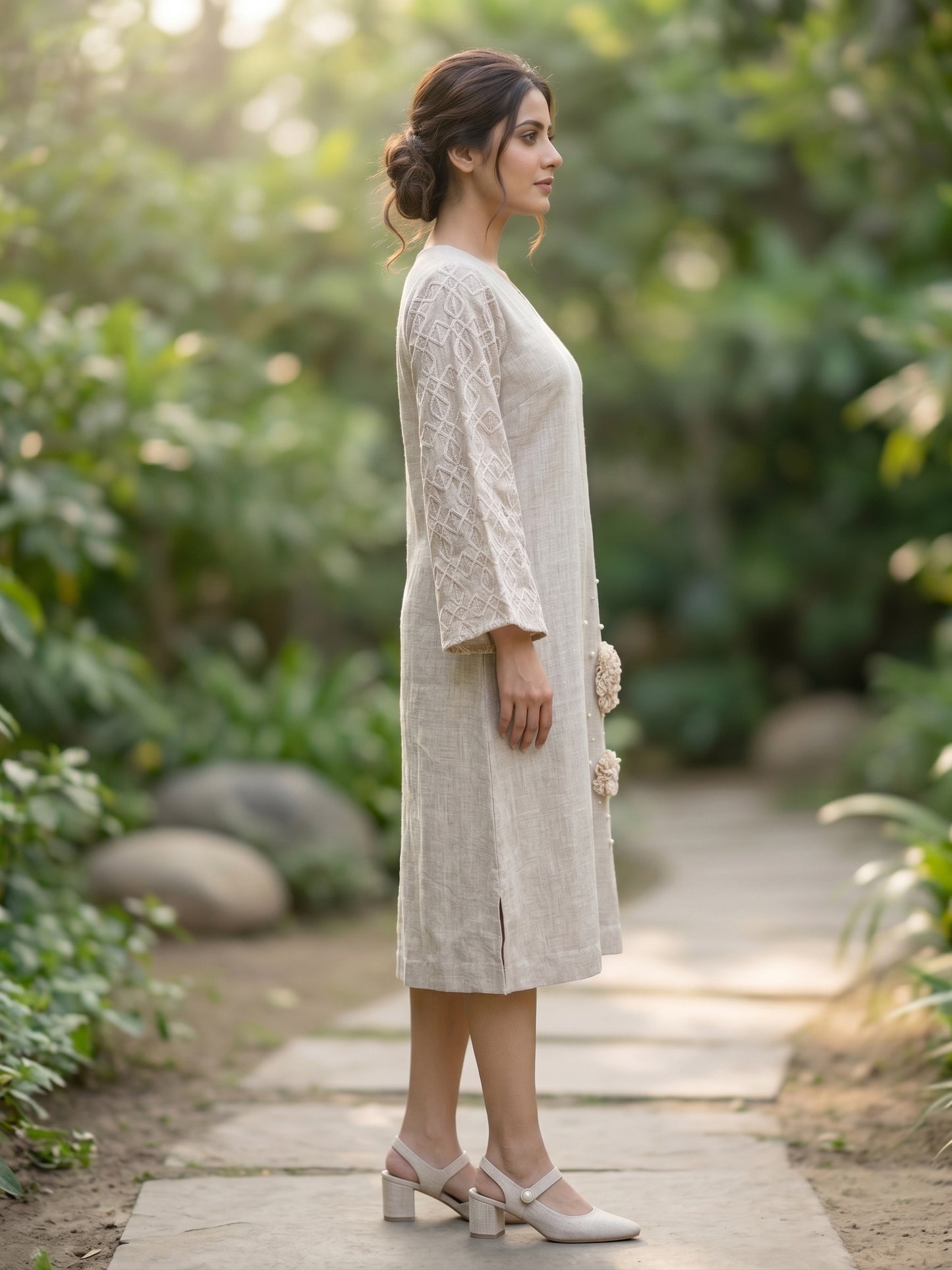 Beige Linen Dress with Applique Work