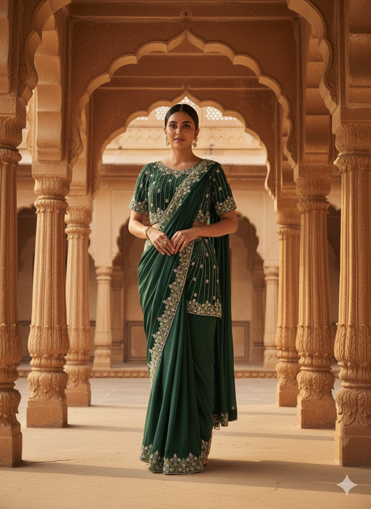 Bottle Green Draped Indo Western