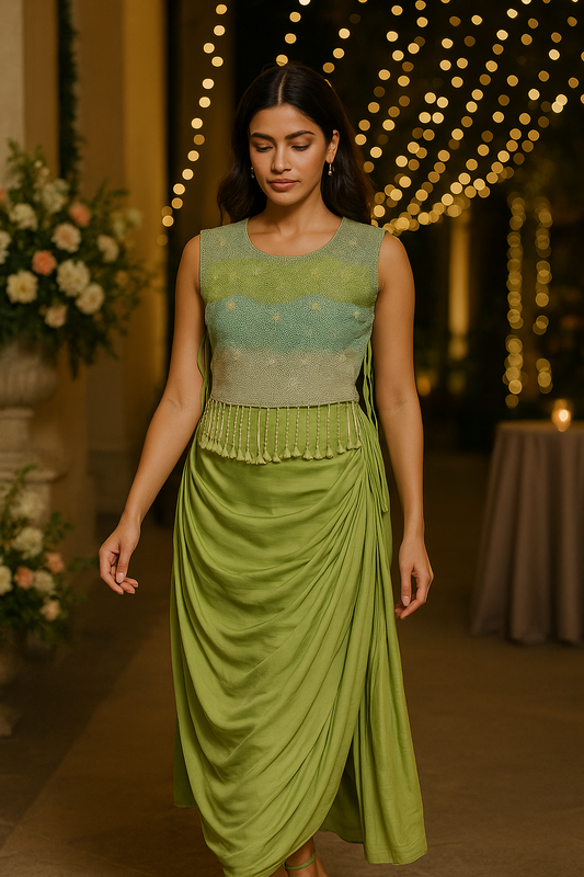 Green Indo Western with Pleated Skirt and Cape