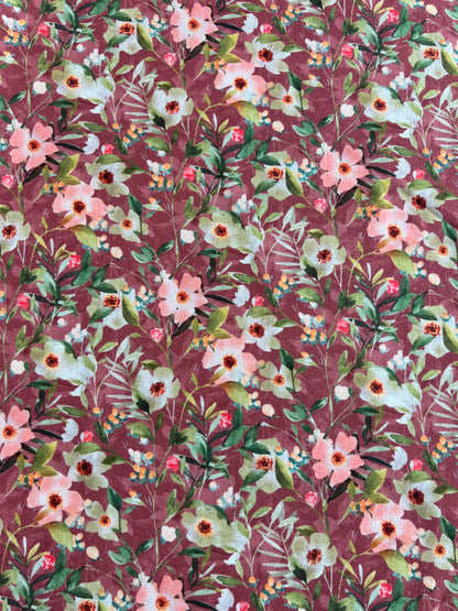 Maroon Floral Printed Cotton Spun Fabric