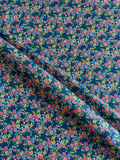Navy Blue Floral Printed Cotton Spun Fabric