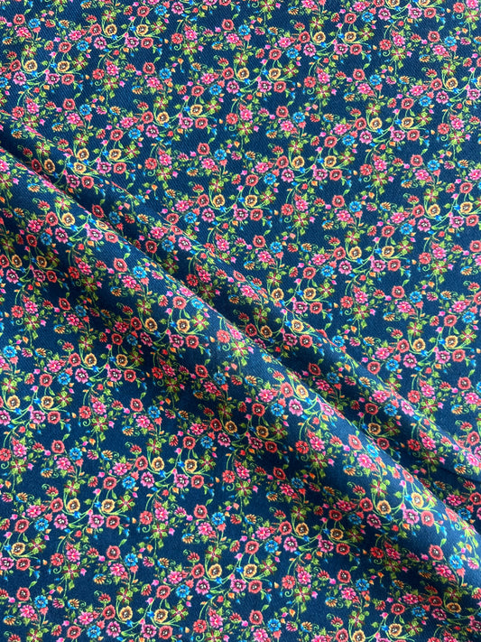 Navy Blue Floral Printed Cotton Spun Fabric