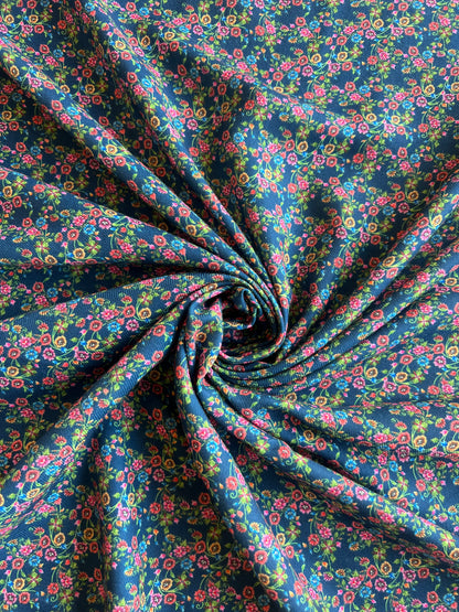 Navy Blue Floral Printed Cotton Spun Fabric