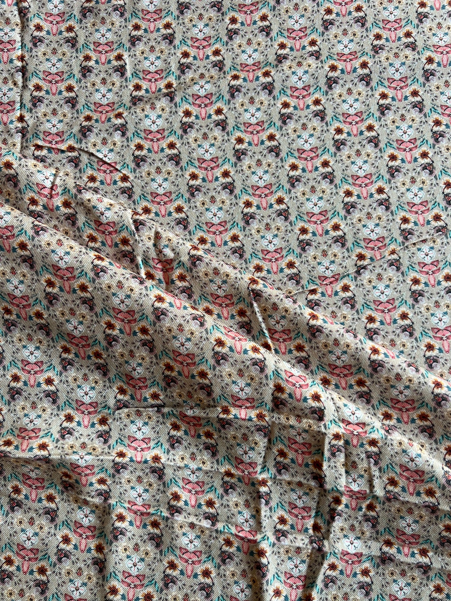 Beige Floral Printed Cotton Spun Fabric