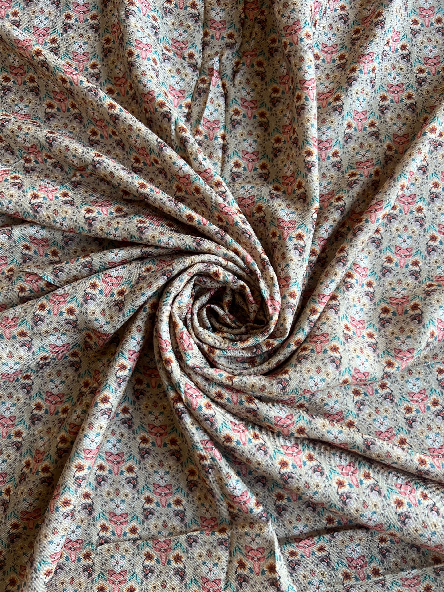 Beige Floral Printed Cotton Spun Fabric