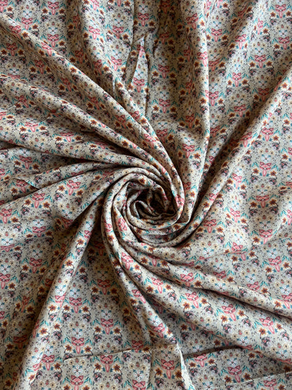 Beige Floral Printed Cotton Spun Fabric