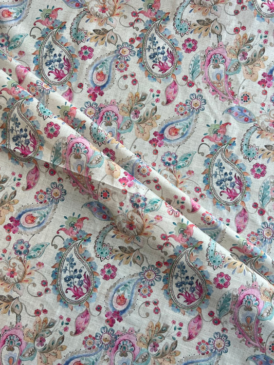 Cream Paisley Printed Cotton Linen Fabric