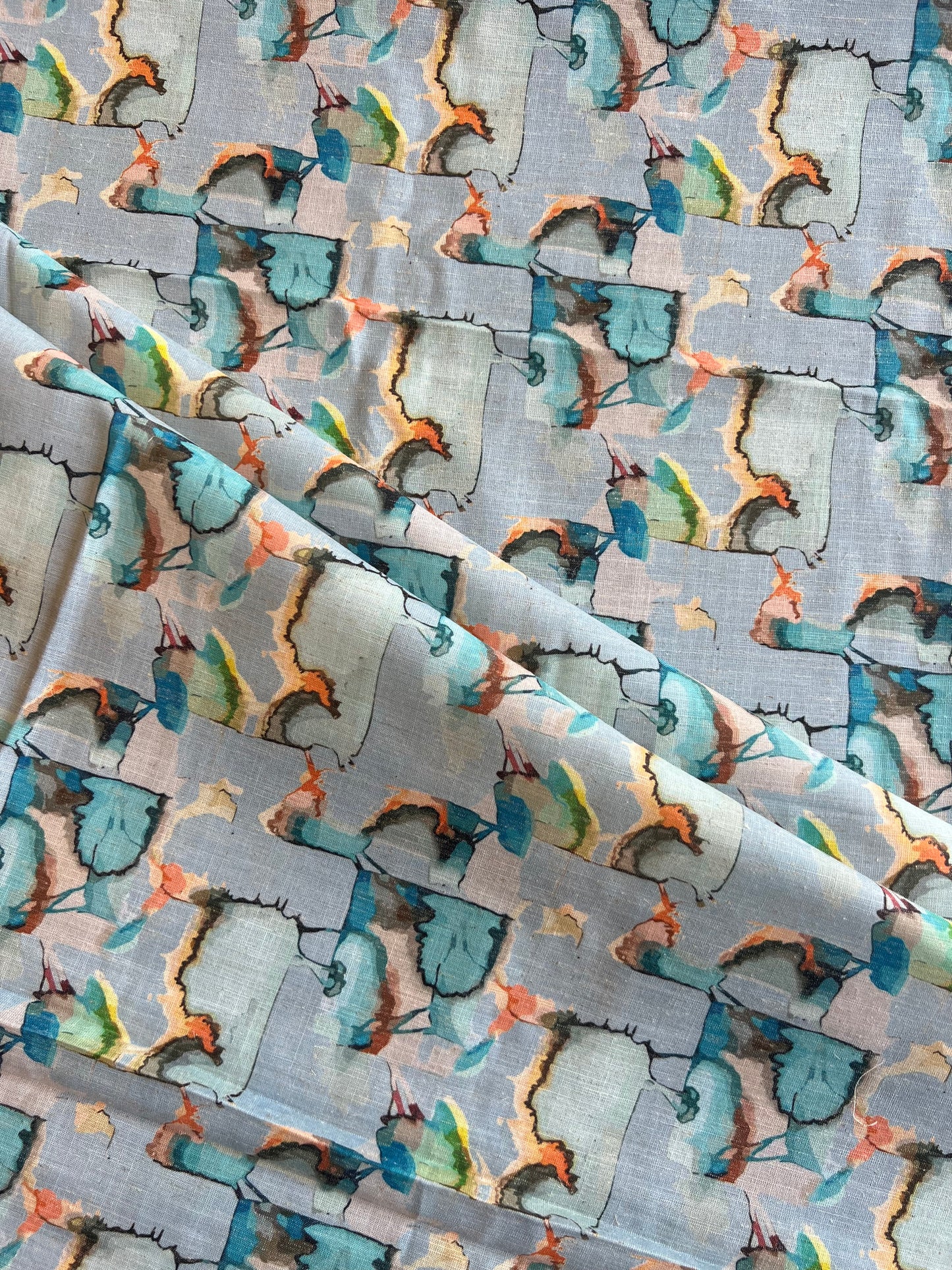 Blue Geometrical Printed Cotton Linen Fabric