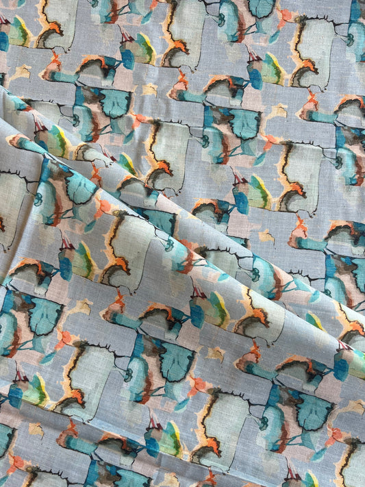 Blue Geometrical Printed Cotton Linen Fabric