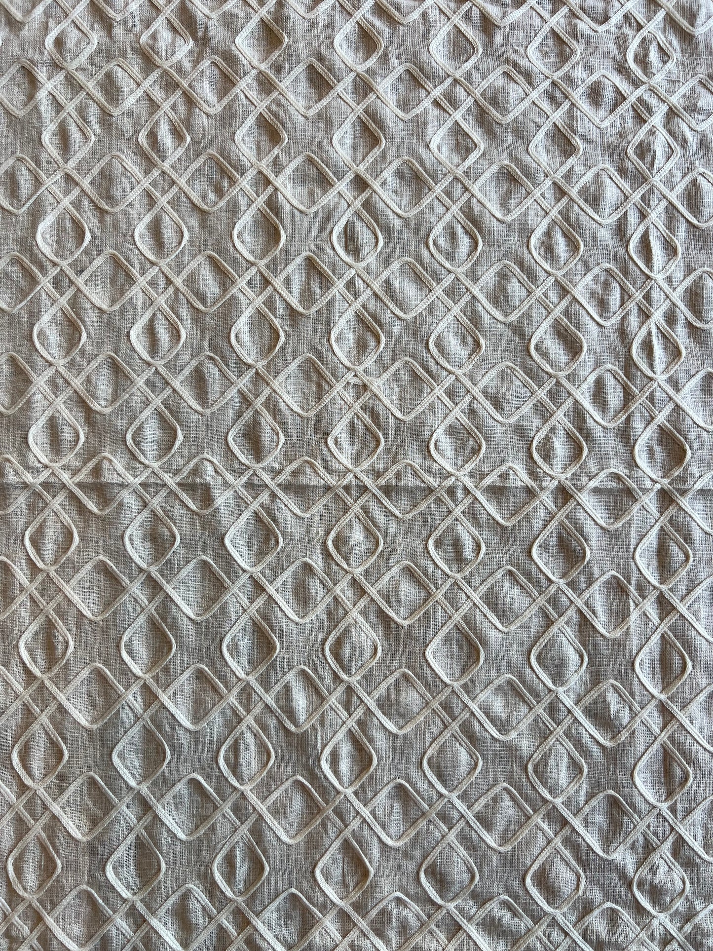 Beige Dori Work Embroidered Cotton Linen Fabric