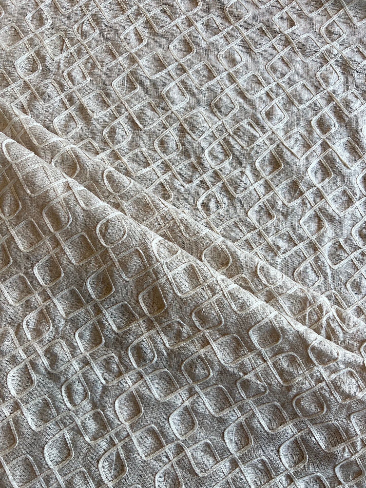 Beige Dori Work Embroidered Cotton Linen Fabric
