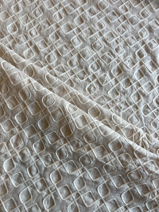 Beige Dori Work Embroidered Cotton Linen Fabric