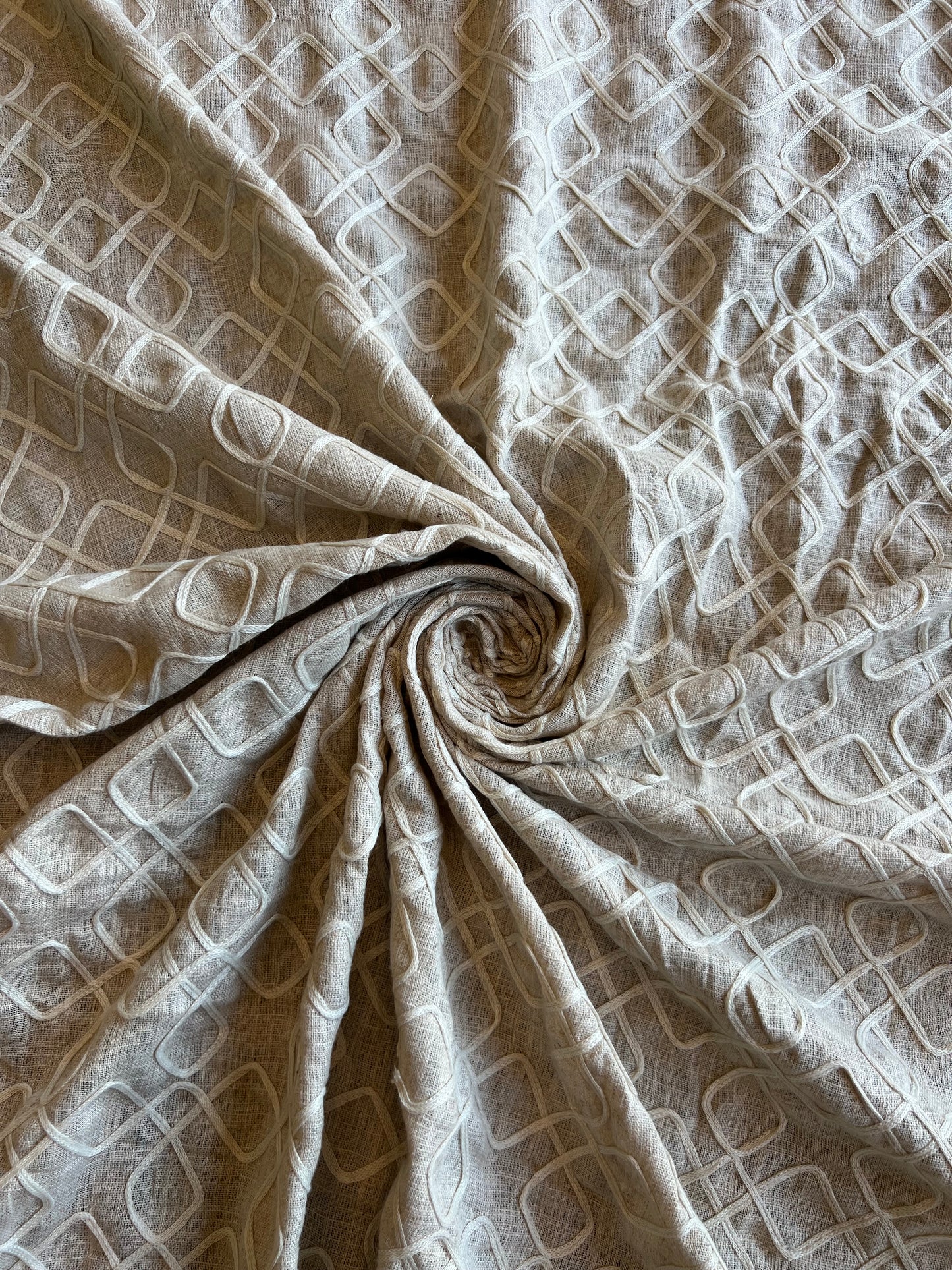 Beige Dori Work Embroidered Cotton Linen Fabric