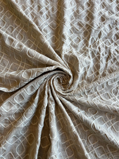 Beige Dori Work Embroidered Cotton Linen Fabric