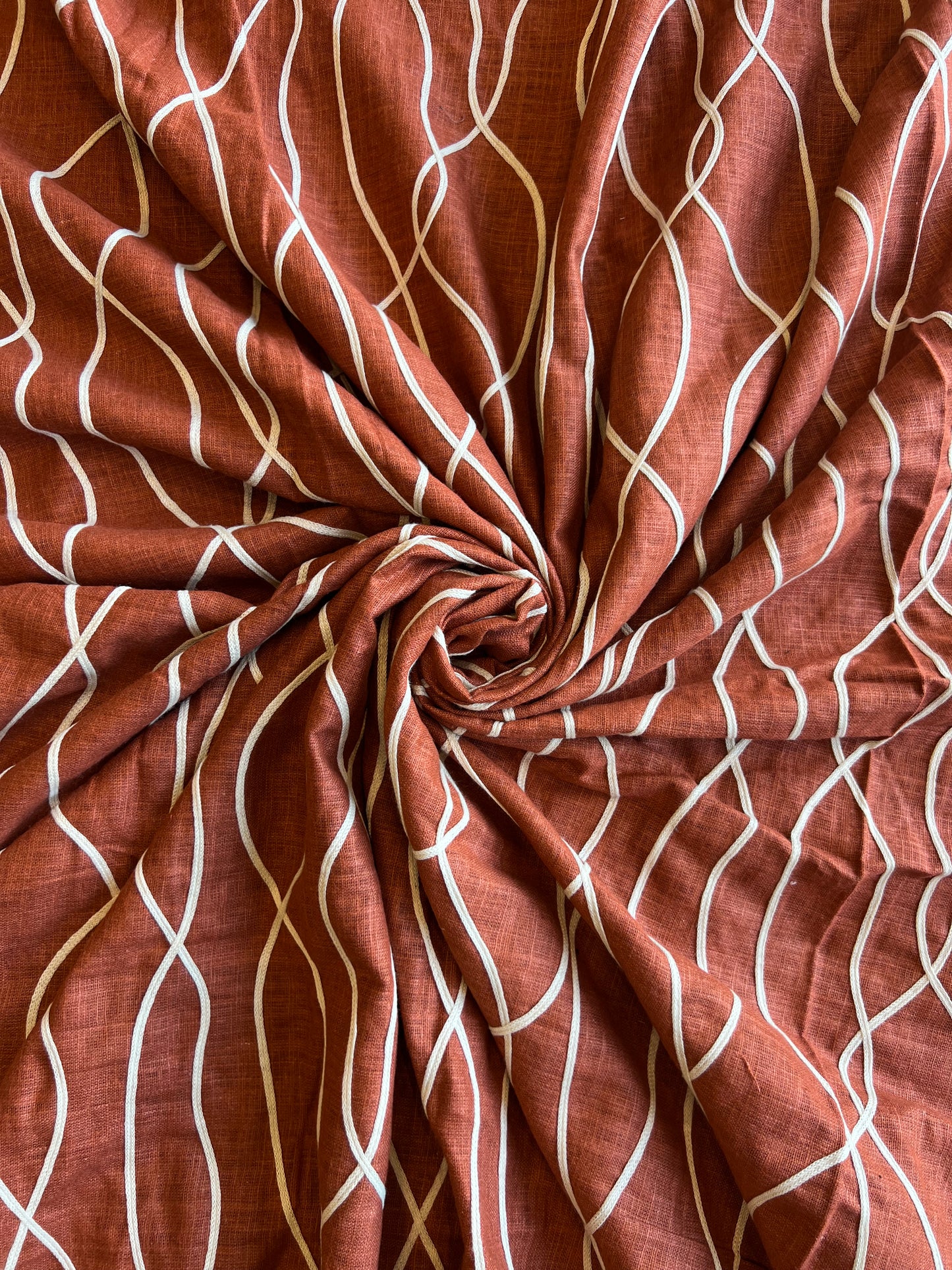 Rust Dori Work Embroidered Cotton Linen Fabric