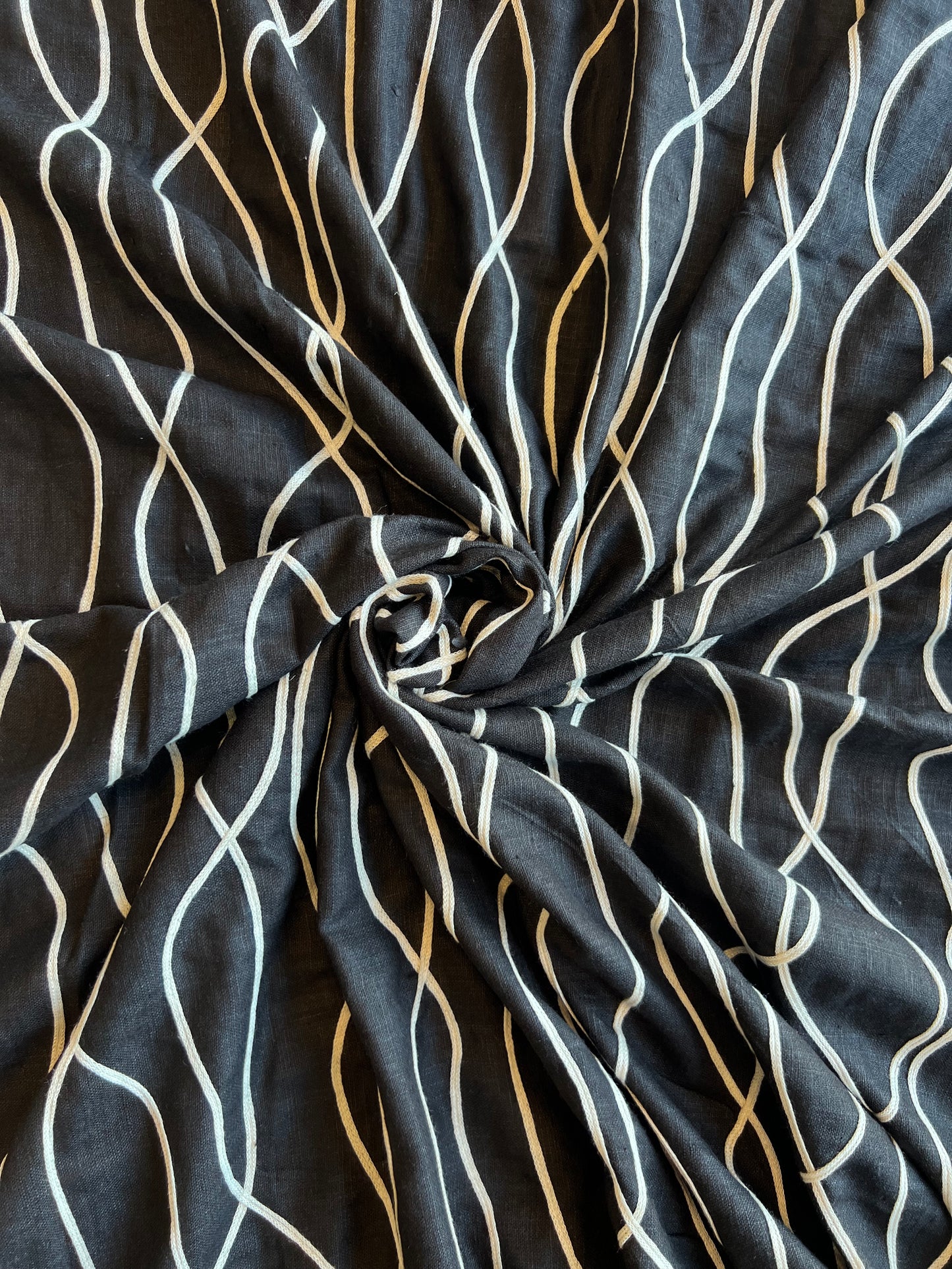 Black Dori Work Embroidered Cotton Linen Fabric